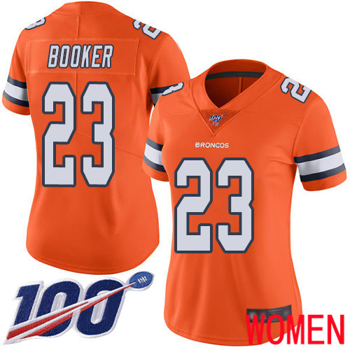 Women Denver Broncos 23 Devontae Booker Limited Orange Rush Vapor Untouchable 100th Season Football NFL Jersey